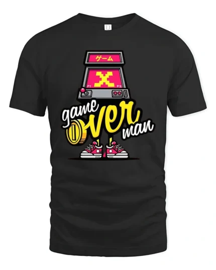 Funky Retro Arcade Machine Game Over Man Graphic Tshirt - black t-shirt on white background