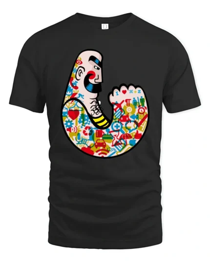 Muscular Tattooed Strongman Icon Collage Urban Graphic Tee - black t-shirt on white background
