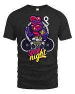 Nocturnal Party Owl Boombox Retro Music Graphic Tshirt - black t-shirt on white background