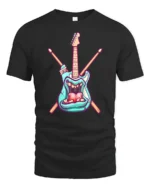 Teal Rock Monster Guitar Crossed Drumsticks Graphic Tshirt - black t-shirt on white background