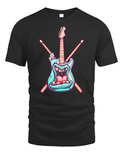 Teal Rock Monster Guitar Crossed Drumsticks Graphic Tshirt - black t-shirt on white background