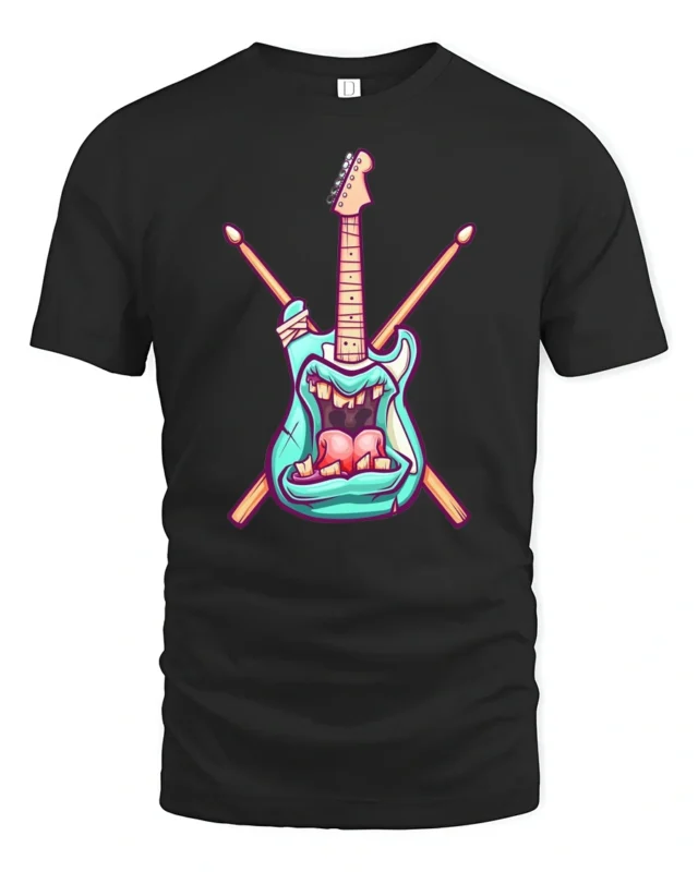 Teal Rock Monster Guitar Crossed Drumsticks Graphic Tshirt - black t-shirt on white background