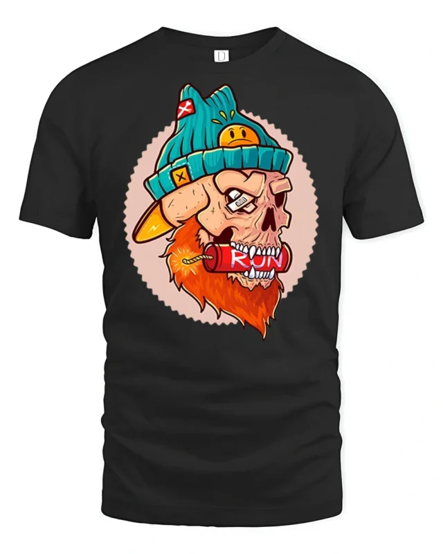 Explosive Bearded Skull RUN Dynamite Teal Beanie Graphic Tshirt - black t-shirt on white background