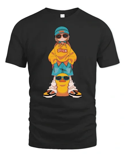 Cool Duck Girl Yellow Sweatshirt Rubber Duck Graphic Tshirt - black t-shirt on white background