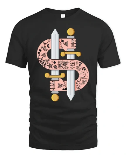 Tattooed Arms Dollar Sign Swords Die Rich Graphic Tshirt - black t-shirt on white background