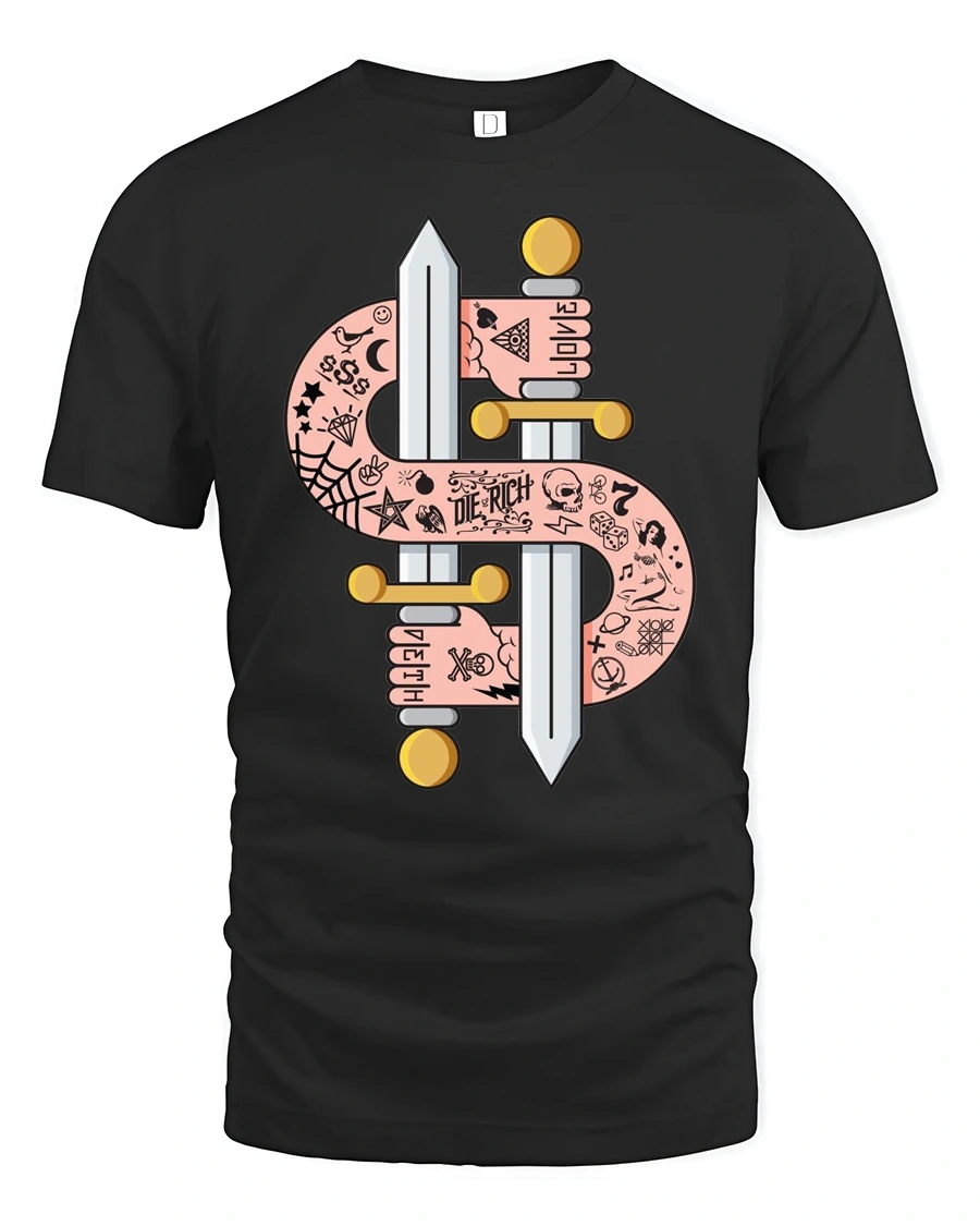 Tattooed Arms Dollar Sign Swords Die Rich Graphic Tshirt - 1 Tattooed Arms Dollar Sign Swords Die Rich Graphic Tshirt - black t-shirt on white background