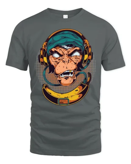 Groovy DJ Monkey Banana Headphones Retro Graphic Tshirt - gray t-shirt on white background