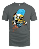 Asphalt Skater Skull Biting Skateboard Truck Graphic Tshirt - gray t-shirt on white background