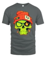 Funky Beanie Skull Glowing Star Eyes Urban Graphic Tshirt - gray t-shirt on white background
