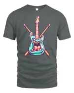 Teal Rock Monster Guitar Crossed Drumsticks Graphic Tshirt - gray t-shirt on white background