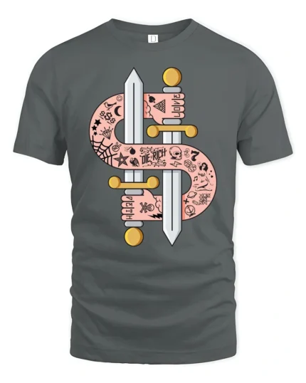 Tattooed Arms Dollar Sign Swords Die Rich Graphic Tshirt - gray t-shirt on white background