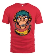 Groovy DJ Monkey Banana Headphones Retro Graphic Tshirt - red t-shirt on white background