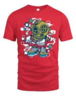Deep Sea DJ Diver Brass Helmet Turntables Graphic Tshirt - red t-shirt on white background