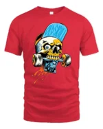 Asphalt Skater Skull Biting Skateboard Truck Graphic Tshirt - red t-shirt on white background