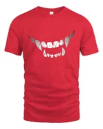 Wicked Vampire Fangs Distressed Monster Smile Graphic Tee - red t-shirt on white background