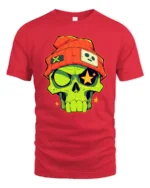 Funky Beanie Skull Glowing Star Eyes Urban Graphic Tshirt - red t-shirt on white background