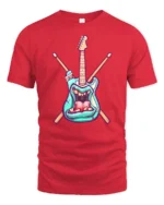 Teal Rock Monster Guitar Crossed Drumsticks Graphic Tshirt - red t-shirt on white background