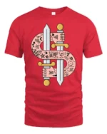 Tattooed Arms Dollar Sign Swords Die Rich Graphic Tshirt - red t-shirt on white background