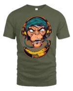Groovy DJ Monkey Banana Headphones Retro Graphic Tshirt - military green t-shirt on white background