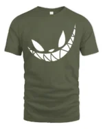 Grinning Cheshire Monster Toothy Smile Graphic Tshirt - military green t-shirt on white background