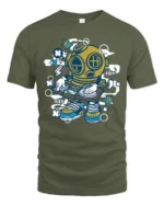 Deep Sea DJ Diver Brass Helmet Turntables Graphic Tshirt - military green t-shirt on white background