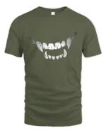 Wicked Vampire Fangs Distressed Monster Smile Graphic Tee - military green t-shirt on white background