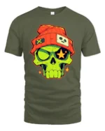 Funky Beanie Skull Glowing Star Eyes Urban Graphic Tshirt - military green t-shirt on white background