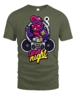 Nocturnal Party Owl Boombox Retro Music Graphic Tshirt - military green t-shirt on white background