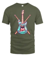 Teal Rock Monster Guitar Crossed Drumsticks Graphic Tshirt - military green t-shirt on white background