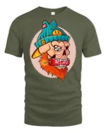 Explosive Bearded Skull RUN Dynamite Teal Beanie Graphic Tshirt - military green t-shirt on white background