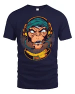 Groovy DJ Monkey Banana Headphones Retro Graphic Tshirt - navy t-shirt on white background