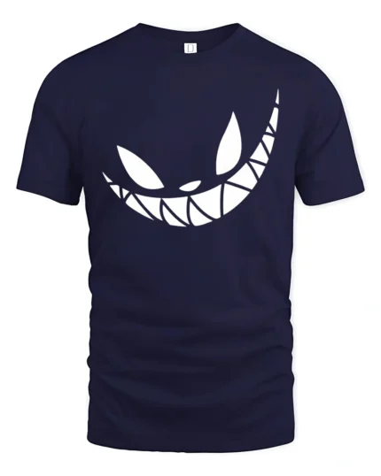 Grinning Cheshire Monster Toothy Smile Graphic Tshirt - navy t-shirt on white background