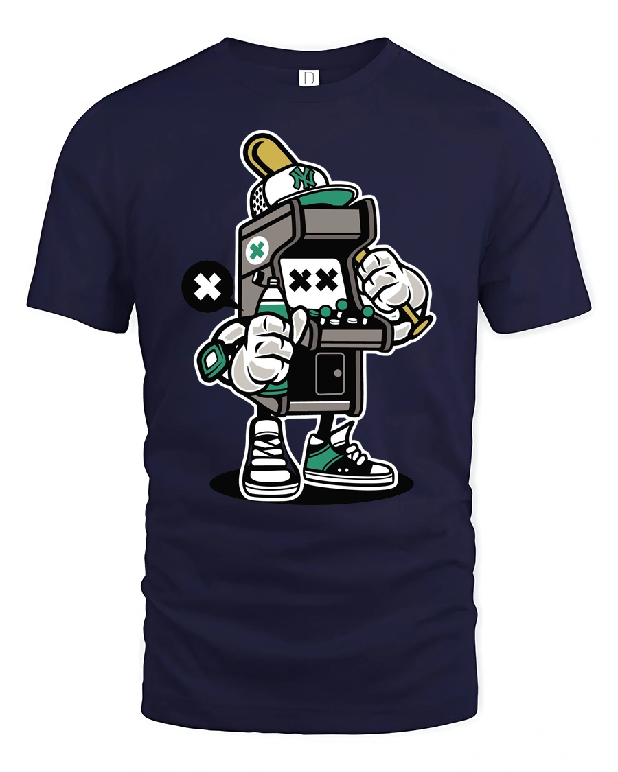 Retro Arcade Machine Street Artist Graffiti Graphic Tee - 1 Retro Arcade Machine Street Artist Graffiti Graphic Tee - navy t-shirt on white background