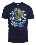 Deep Sea DJ Diver Brass Helmet Turntables Graphic Tshirt - navy t-shirt on white background