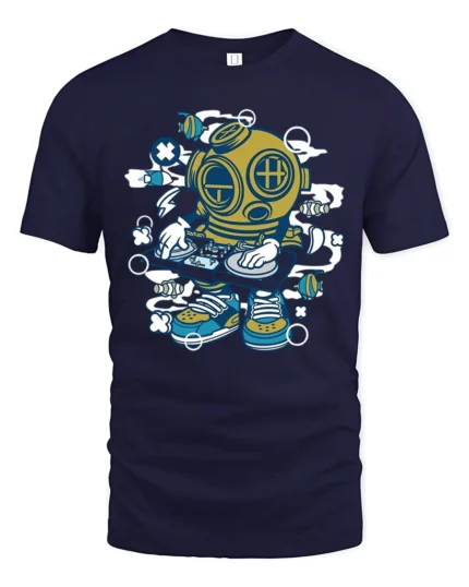 Deep Sea DJ Diver Brass Helmet Turntables Graphic Tshirt - navy t-shirt on white background