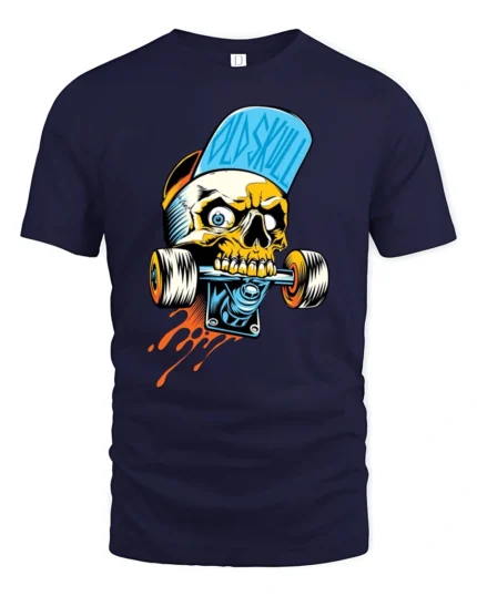 Asphalt Skater Skull Biting Skateboard Truck Graphic Tshirt - navy t-shirt on white background