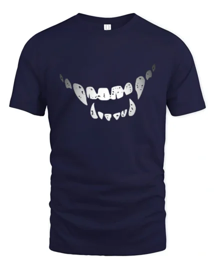 Wicked Vampire Fangs Distressed Monster Smile Graphic Tee - navy t-shirt on white background
