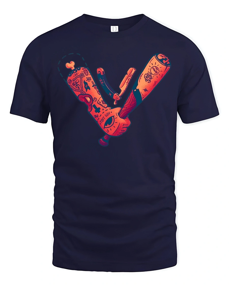 Gritty Urban Ink Badass Tattoos Bat Straight Razor Tshirt - 1 Gritty Urban Ink Badass Tattoos Bat Straight Razor Tshirt - navy t-shirt on white background
