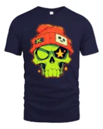 Funky Beanie Skull Glowing Star Eyes Urban Graphic Tshirt - navy t-shirt on white background