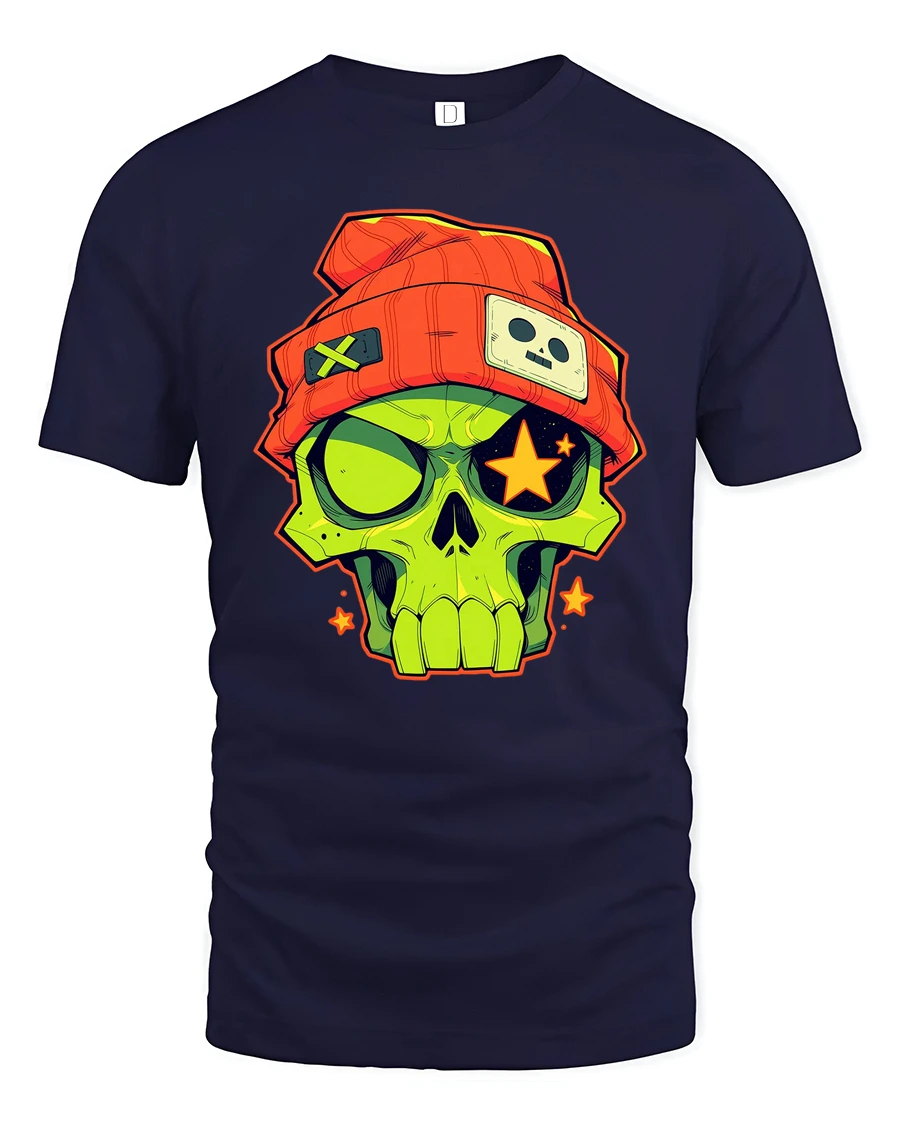 Funky Beanie Skull Glowing Star Eyes Urban Graphic Tshirt - 1 Funky Beanie Skull Glowing Star Eyes Urban Graphic Tshirt - navy t-shirt on white background