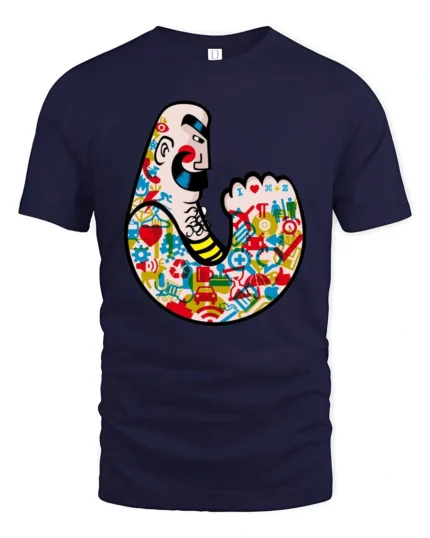 Muscular Tattooed Strongman Icon Collage Urban Graphic Tee - navy t-shirt on white background