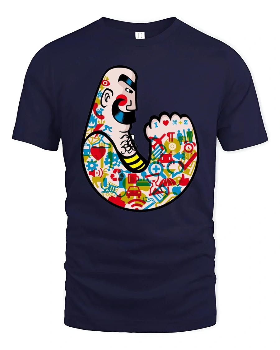 Muscular Tattooed Strongman Icon Collage Urban Graphic Tee - 1 Muscular Tattooed Strongman Icon Collage Urban Graphic Tee - navy t-shirt on white background
