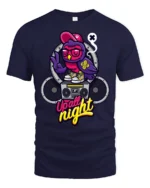 Nocturnal Party Owl Boombox Retro Music Graphic Tshirt - navy t-shirt on white background