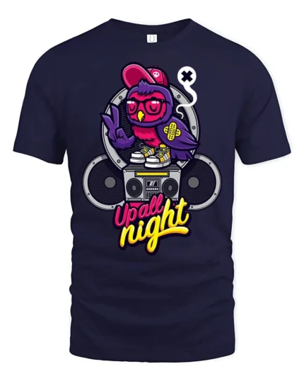 Nocturnal Party Owl Boombox Retro Music Graphic Tshirt - navy t-shirt on white background