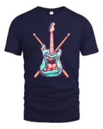 Teal Rock Monster Guitar Crossed Drumsticks Graphic Tshirt - navy t-shirt on white background