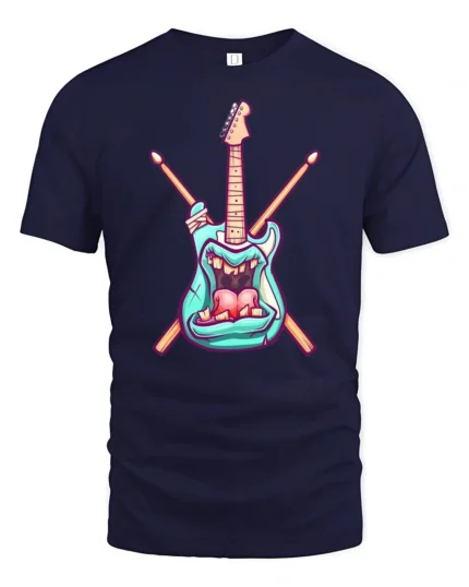 Teal Rock Monster Guitar Crossed Drumsticks Graphic Tshirt - navy t-shirt on white background