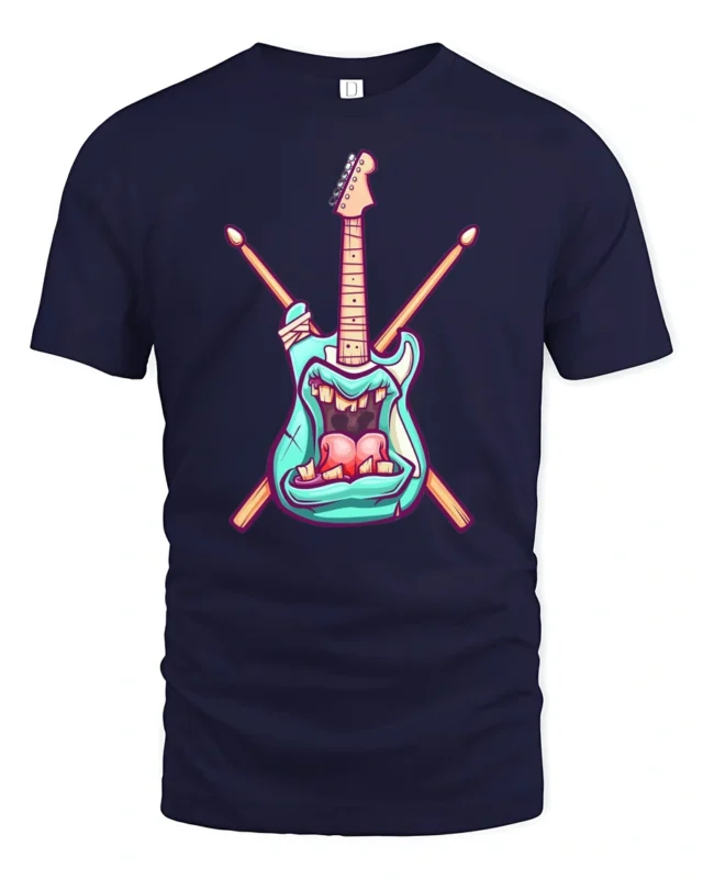 Teal Rock Monster Guitar Crossed Drumsticks Graphic Tshirt - navy t-shirt on white background