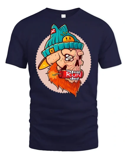 Explosive Bearded Skull RUN Dynamite Teal Beanie Graphic Tshirt - navy t-shirt on white background