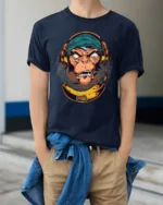 Groovy DJ Monkey Banana Headphones Retro Graphic Tshirt - model wearing navy tee with hands in pockets