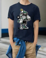 Retro Arcade Machine Street Artist Graffiti Graphic Tee - model wearing navy tee with hands in pockets